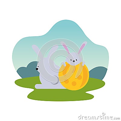 Cute rabbits easter season characters with egg painted in camp Vector Illustration