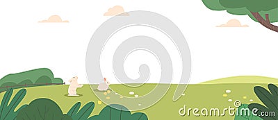 Cute Rabbits on Green Meadow at Spring Day. Nature Landscape Background with Funny Bunny Animals at Forest Field Vector Illustration