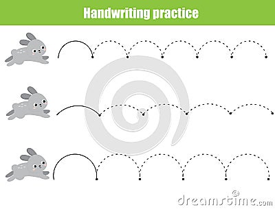 Cute rabbit jump. Handwriting practice sheet. Educational children game. Tracing lines for kids and toddlers Vector Illustration