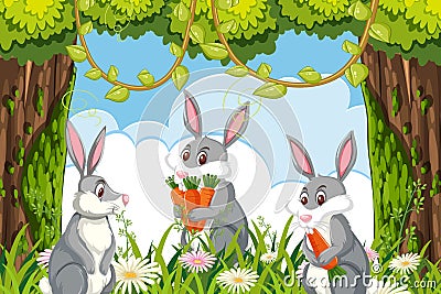 Cute rabbits in jungle scene Vector Illustration