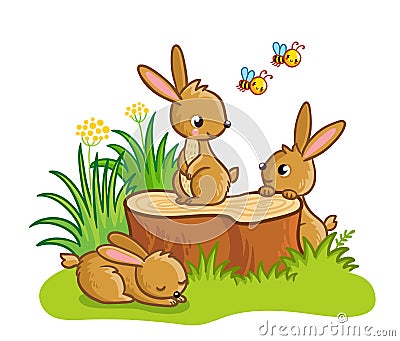 Cute rabbits sitting around the stump. Cartoon Illustration