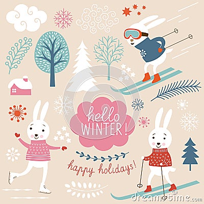 Cute rabbits and winter grachic elements Vector Illustration