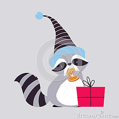 Cute Raccoon Animal with Striped Tail Wearing Hat Eating Gingerbread Enjoying Winter Season Vector Illustration Vector Illustration