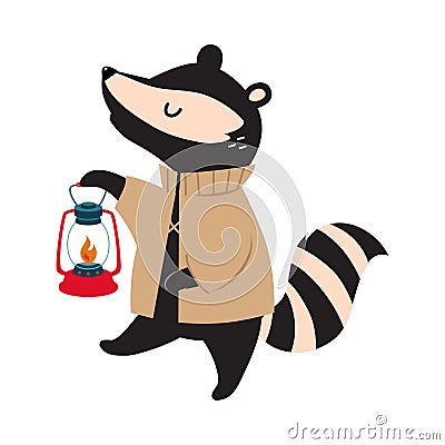 Cute Raccoon as Forest Animal Walking with Lantern Vector Illustration Vector Illustration