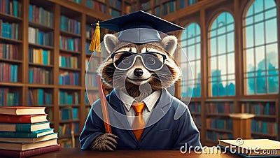 Cute raccoon in a bachelor's cap in the library educational Stock Photo