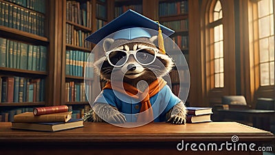 Cute raccoon in bachelor's cap in the library educational learning bachelor banner Stock Photo