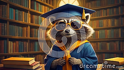 Cute raccoon in a bachelor's cap in the library educational learning bachelor banner Stock Photo