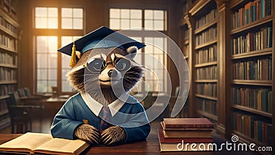 Cute raccoon in a bachelor's cap in the library educational learning bachelor Stock Photo