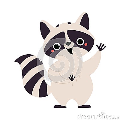 Cute Raccoon Character with Ringed Tail Smiling and Waving Paw Vector Illustration Vector Illustration