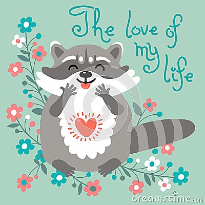 Cute raccoon confesses his love Vector Illustration