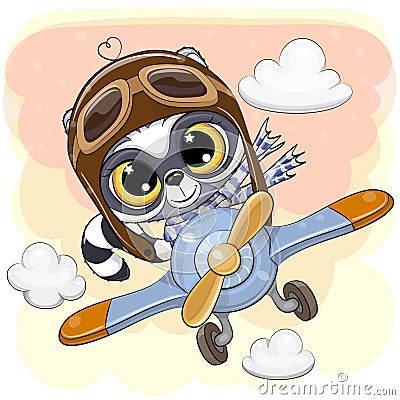 Cute Raccoon is flying on a plane Vector Illustration