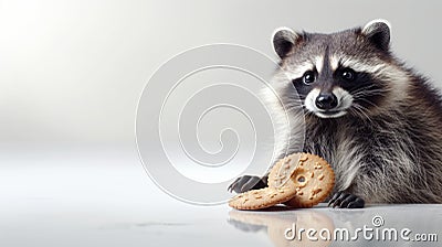 Cute Raccoon Holding Cookie. On light background. With copy space. Funny animal. Suitable for comedic content or Stock Photo