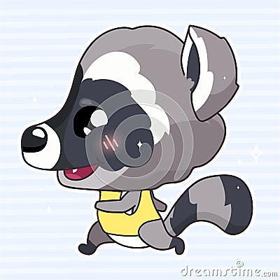 Cute raccoon kawaii cartoon vector character. Adorable and funny animal running, jogging isolated sticker, patch. Anime baby Vector Illustration