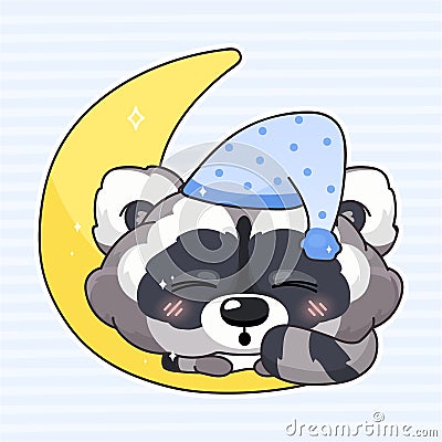 Cute raccoon kawaii cartoon vector character. Adorable and funny animal sleeping isolated sticker, patch. Night time, bedtime. Vector Illustration