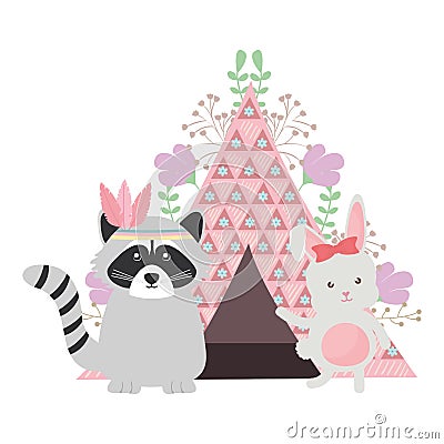 Cute raccoon and rabbit with indian tent boho style Vector Illustration