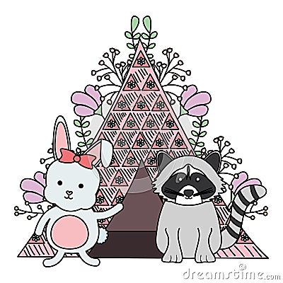 Cute raccoon and rabbit with indian tent boho style Vector Illustration