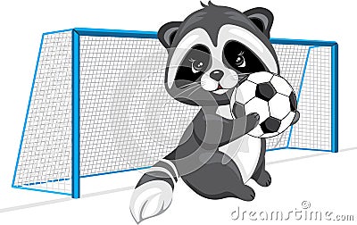 Cute raccoon with a soccer ball at the goal Vector Illustration