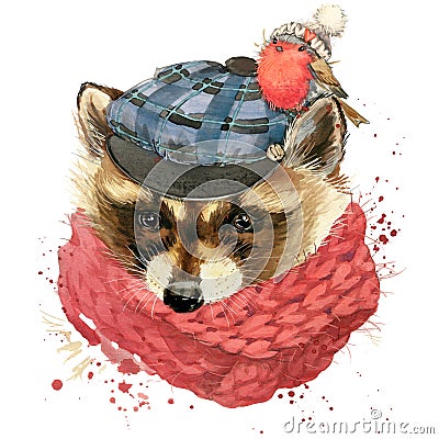 Cute raccoon T-shirt graphics, watercolor forest raccoon illustration Cartoon Illustration