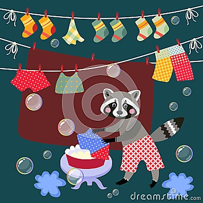 Cute raccoon washes clothes. Vector Illustration