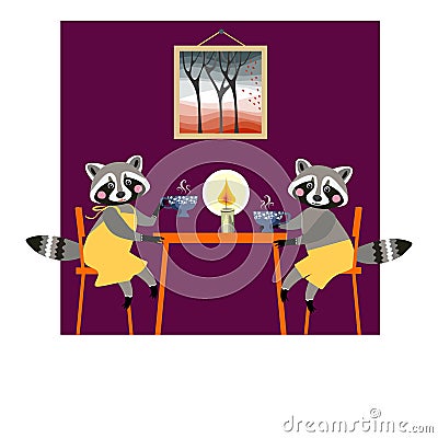 Cute raccoons drink tea. Teatime. Vector Illustration