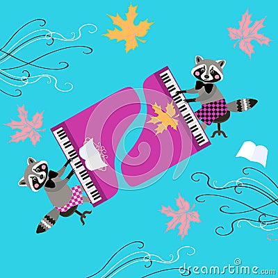 Cute raccoons musicians. Beautiful card with cartoon animal characters playing grand piano Vector Illustration