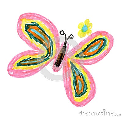 Cute rainbow butterfly with flower in naive babys drawing style Cartoon Illustration