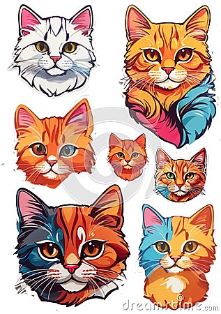 Cute rainbow cats set of stickers with a spring mood in a cartoon style Stock Photo