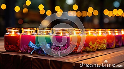 Cute Rainbow-Colored Candles Illuminating Glass Jars Stock Photo