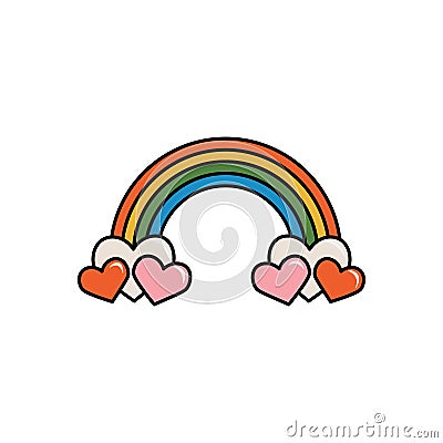 Cute rainbow and hearts vector clipart in groove style. Isolated retro sticker on a white background. Vector Illustration
