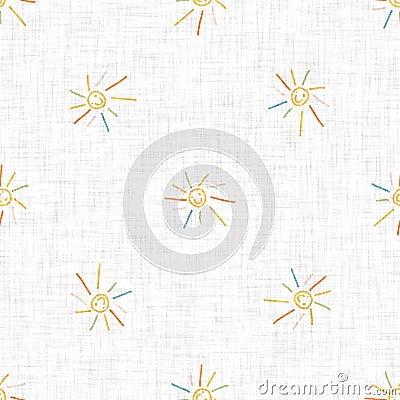 Cute rainbow scribble sun doodle background. Hand drawn whimsical motif seamless pattern. Naive simple crayon style for Stock Photo