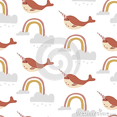 Cute rainbow seamless pattern with narwhale.Vector illustration for background,wallpaper,frabic Vector Illustration