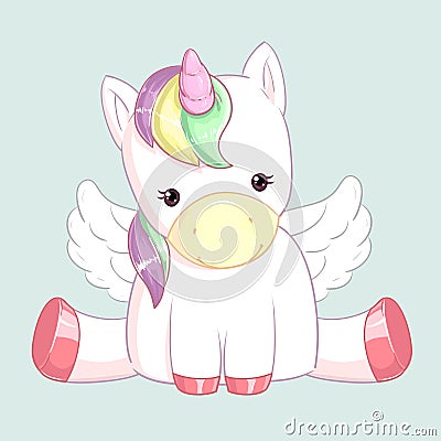 Cute rainbow unicorn with wings. Vector Illustration