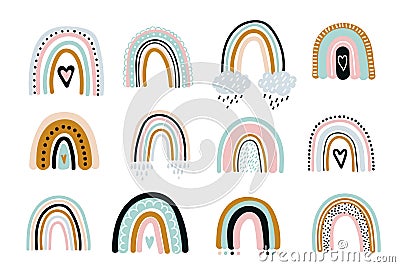 Cute rainbow vector set background with hearts, drops, clouds and other design elements for baby pattern print. Isolated Vector Illustration