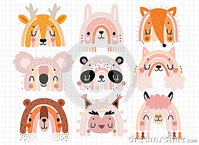 Cute rainbows with animal faces for your design, childish hand drawn elements. Nursery theme Vector Illustration