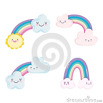 Cute rainbows clouds sun weather sky cartoon decoration Vector Illustration