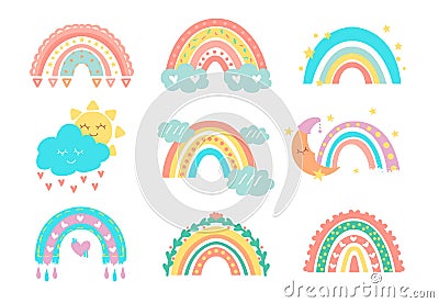 Cute rainbows. Kids doodle collection of sun, rainbow and clouds art, colorful sky decoration in pastel colors. Kids Vector Illustration