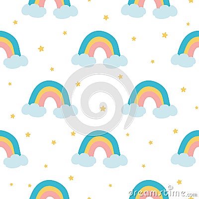 Cute rainbows seamless pattern make from colorful rainbow clouds stars Kids baby background Vector Cartoon Illustration