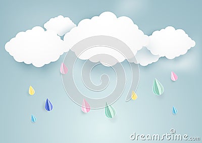 Cute rainy fall and clouds background. Paper art style Vector Illustration