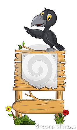 Cute raven cartoon waving with blank sign Stock Photo