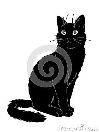 Cute realistic cat sitting. Vector illustration of kitty looking up. Grey lines, black figure on white background Vector Illustration