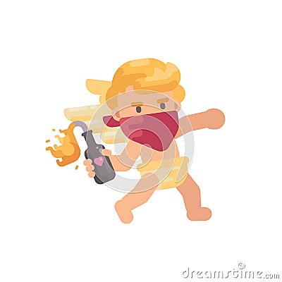 Cute rebel cupid in red face bandana throwing a Molotov cocktail Vector Illustration
