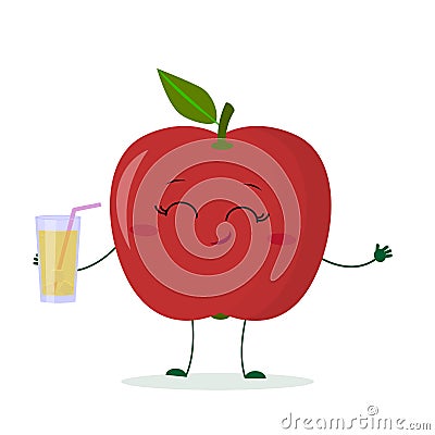 Cute red apple cartoon character holding a glass with juice. Logo, template, design. Vector illustration, flat style Vector Illustration