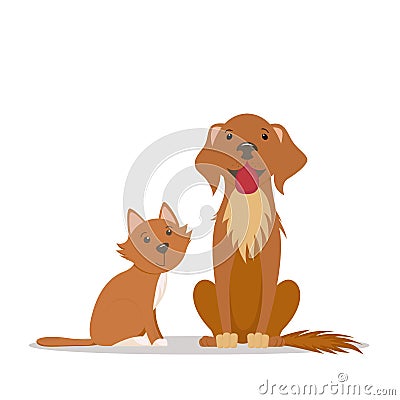 Cute red cat, big friendly brown dog sitting straight Vector Illustration