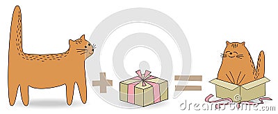 Cute red cat. Pet saw a gift. The animal has gone to the box and is happy and smiling. Cartoon image. Vector illustration Cartoon Illustration