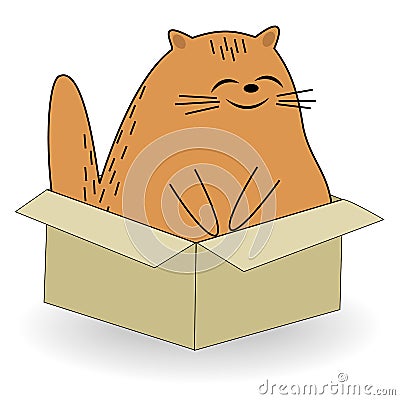 Cute red cat. Pet sits in the box. The animal is happy and smiling. Cartoon image. Vector illustration Cartoon Illustration