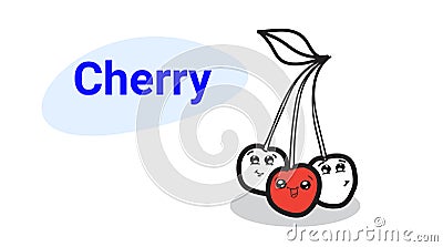 Cute red cherry cartoon comic characters with smiling faces happy emoji kawaii hand drawn style fresh fruits healthy Vector Illustration