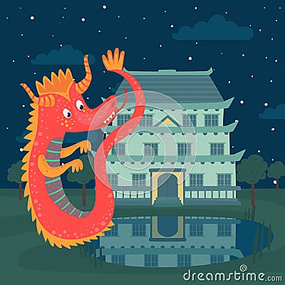 Cute red dragon next to a castle at night, fairy tale story for children vector Illustration Vector Illustration