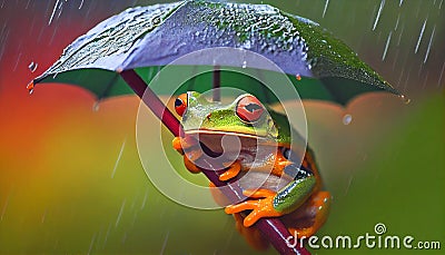 Cute Red eyed green tree fog with umbrella wet weather Stock Photo