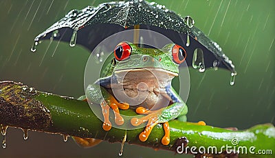 Little green tree frog sheltering from rain under umbrella Stock Photo