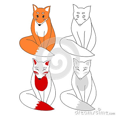 Cute Red Fox and Kitsune. Vector Illustration. isolated on White Background. Vector Illustration